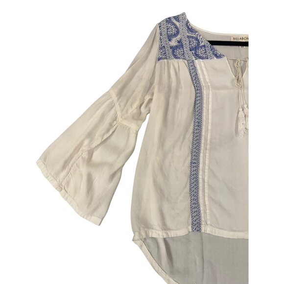 Billabong Shirt Womens Medium White Blue Embroidered Boho Peasant Tassel Tunic - Picture 4 of 12
